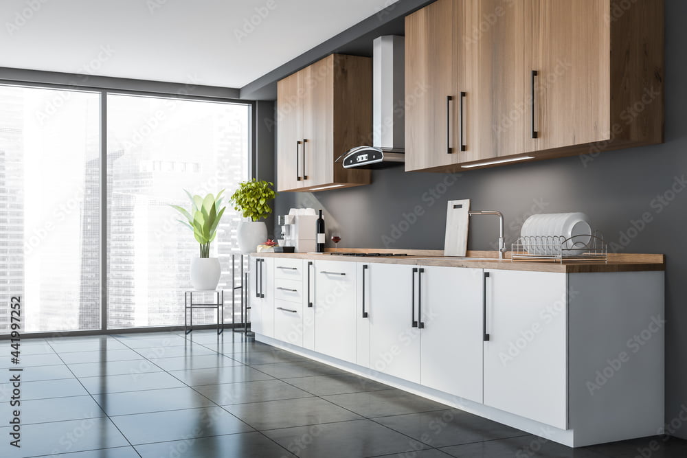 Corner of panoramic city interior with wooden half white kitchen