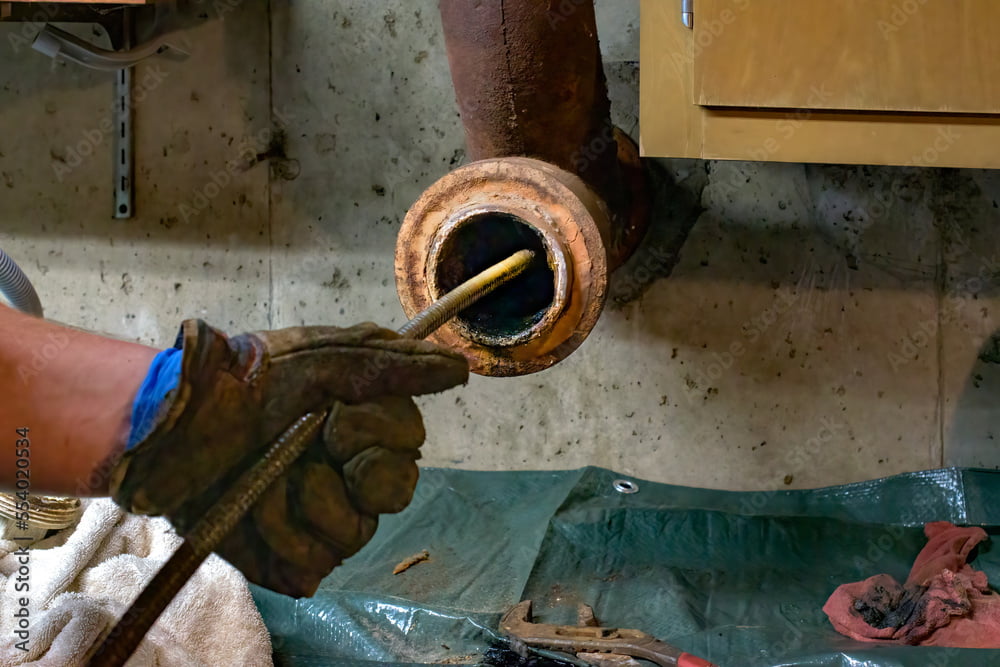 Hands of a plumber as he runs a camera scope and cleaning machine through the main pipe to unclog the drain to the Septic System. Hard-working tradesman.